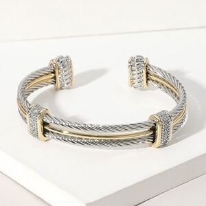 CZ Two Tone Multi Bar Double Twist Rope Cable Cuff Bracelet Bangle Silver Gold